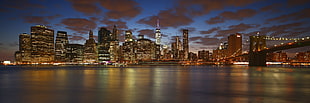 cityscape photograph at night, brooklyn bridge