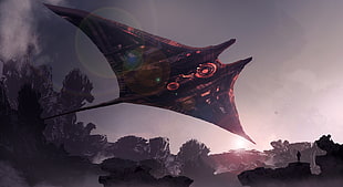 spaceship illustration, futuristic, spaceship, manta rays, science fiction