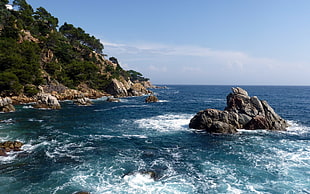 ocean waves hammering rock boulder during daytime