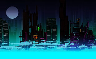 high-rise buildings illustration, digital art, pixel art, city, colorful