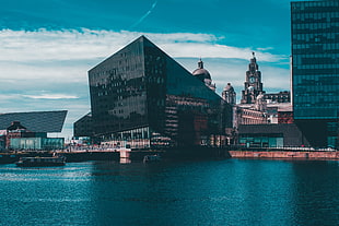 black glass building, Building, River, Buildings