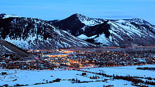 snow covered mountain, winter, snow, mountains, town