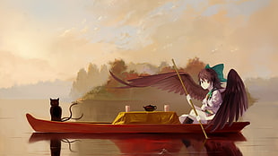 female angel in boat illustration, cat, boat, wings, river