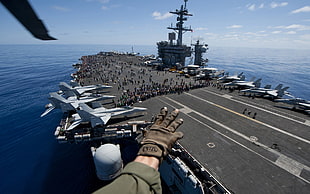 unpaired brown glove, aircraft carrier, warship