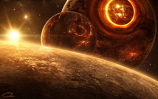 three planets wallpaper, fantasy art, digital art, pixelated, artwork