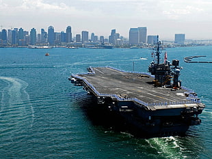 white and black boat with trailer, warship, aircraft carrier, military, vehicle