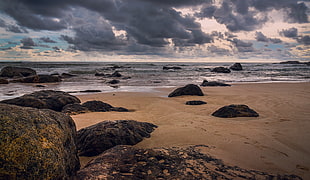 seashore under gray and blue sky during daytime