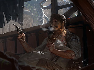 man in dress shirt holding revolver wallpaper, fantasy art, gun