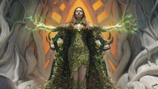 DnD Warlock Patrons - Wizards of the Coast art of a woman in a leave-covered gown casting a spell