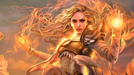 DnD Warlock Patrons - Wizards of the Coast art of a white woman with golden armor and golden hair casting a spell