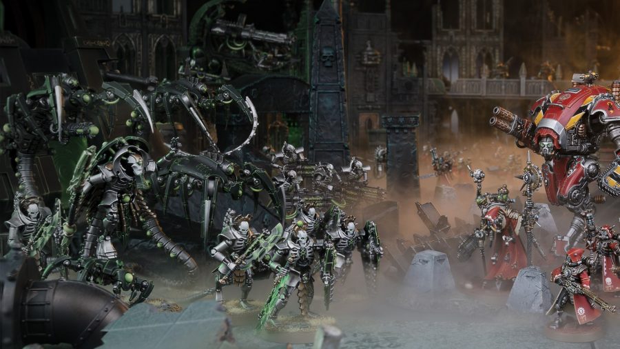 Warhammer 40K necrons 9th edition Warhammer Community photo showing Necrons models fighting Adeptus Mechanicus