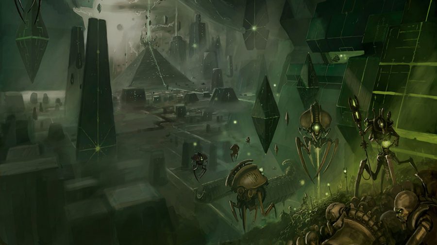 Warhammer 40K necrons 9th edition artwork showing a necron tomb complex