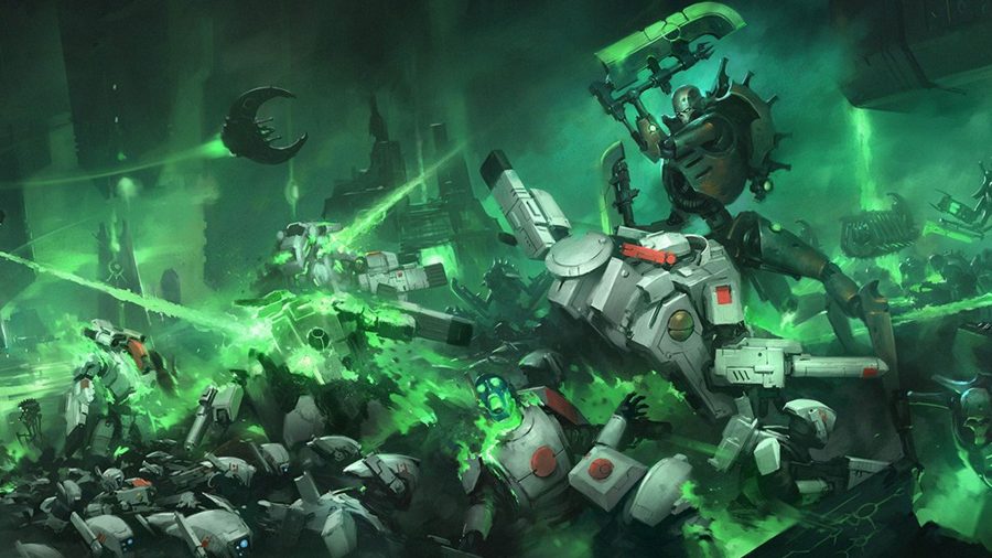 Warhammer 40K necrons 9th edition Warhammer Community artwork showing Skorpekh destroyers fighting Tau