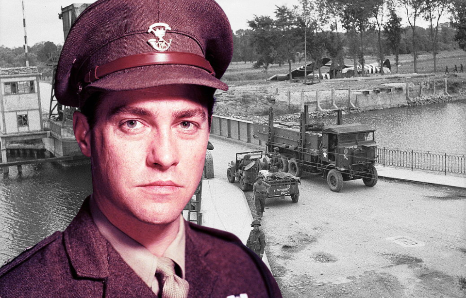 Allied troops standing around Pegasus Bridge + Portrait of Richard Todd