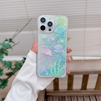 Glow in the Dark Liquid Floating Glitter Jellyfish & Conch iPhone Case