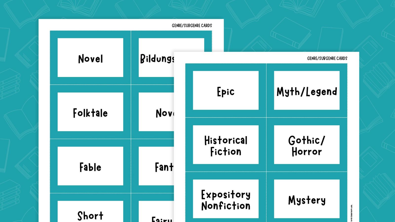 Two sheets of cards for a literary genre matching game.