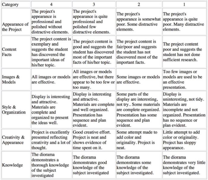 A rubric for grading middle school diorama projects