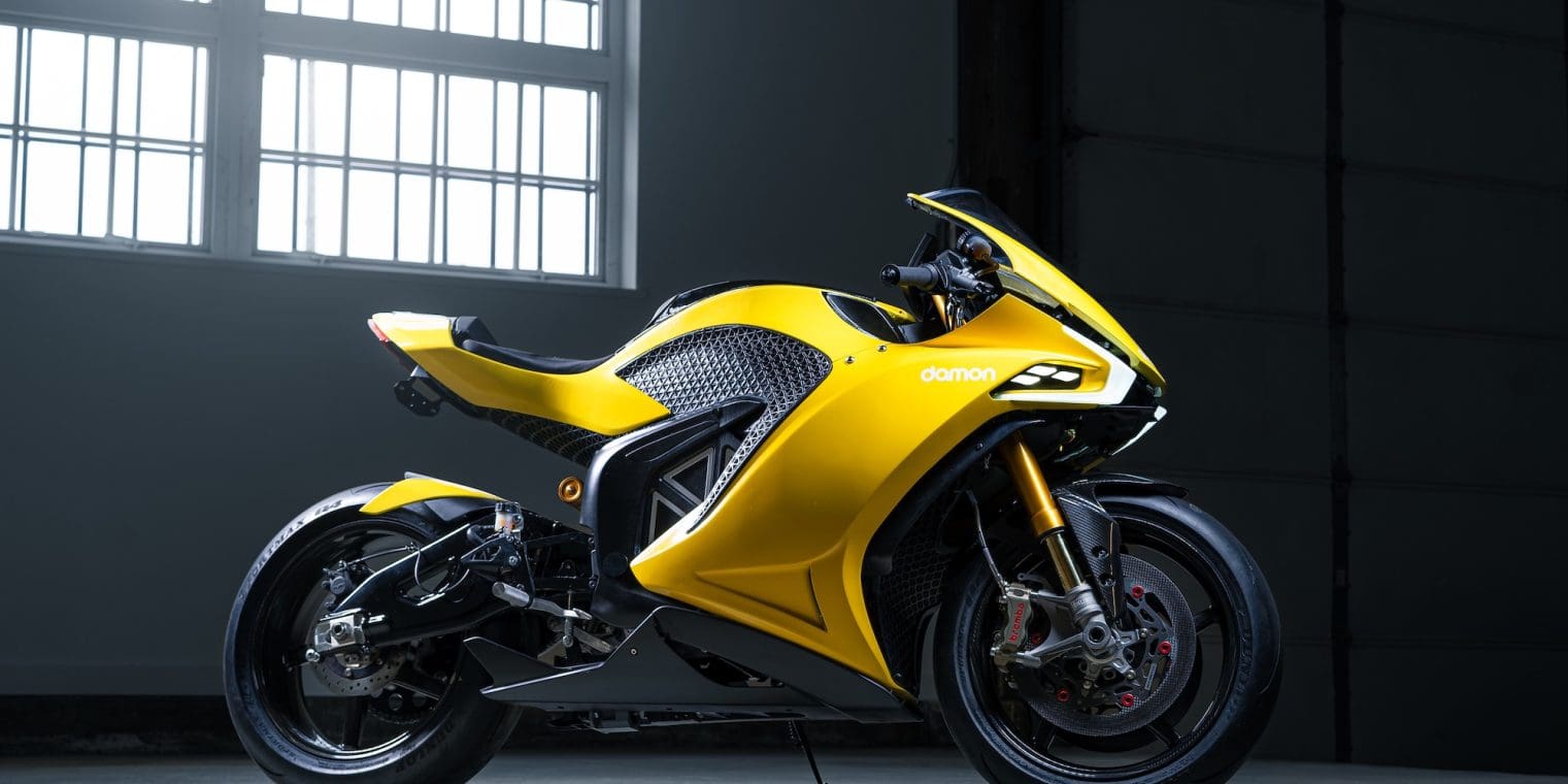 A view of Damon Motors' HyperSport electric Motorcycle.