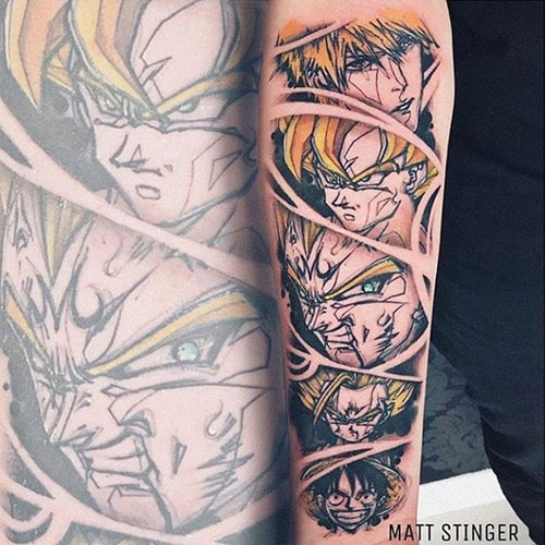 goku gohan vegeta in one tattoo on forearm