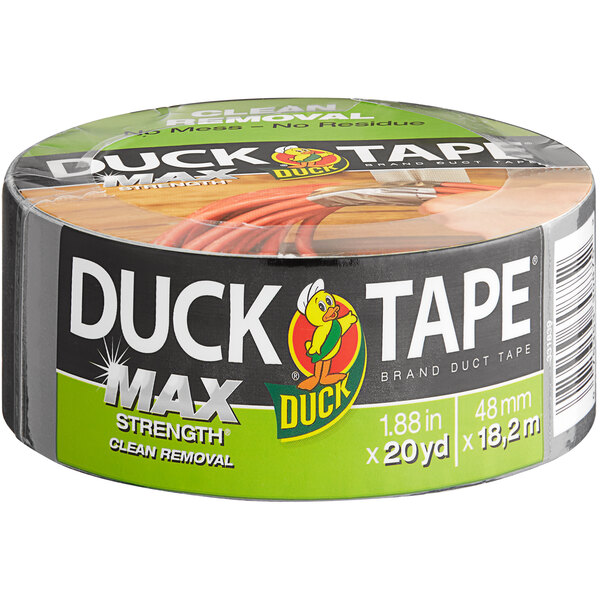 A roll of Duck Tape Max Strength silver duct tape.