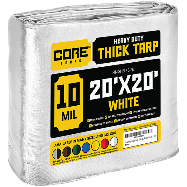 A large roll of white Core 20' x 20' heavy-duty weatherproof tarp.