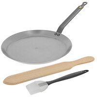 de Buyer Mineral B Element 10 1/4" Carbon Steel Crepe Pan with Wood Spatula and Silicone Brush 5615.01