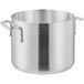 A silver aluminum stock pot with handles.