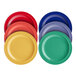 A stack of Acopa Foundations narrow rim melamine plates in assorted colors including yellow, blue, red, and pink.