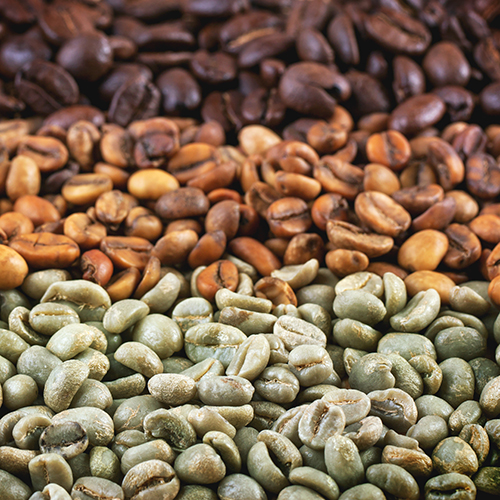 multi-colored coffee beans in a row