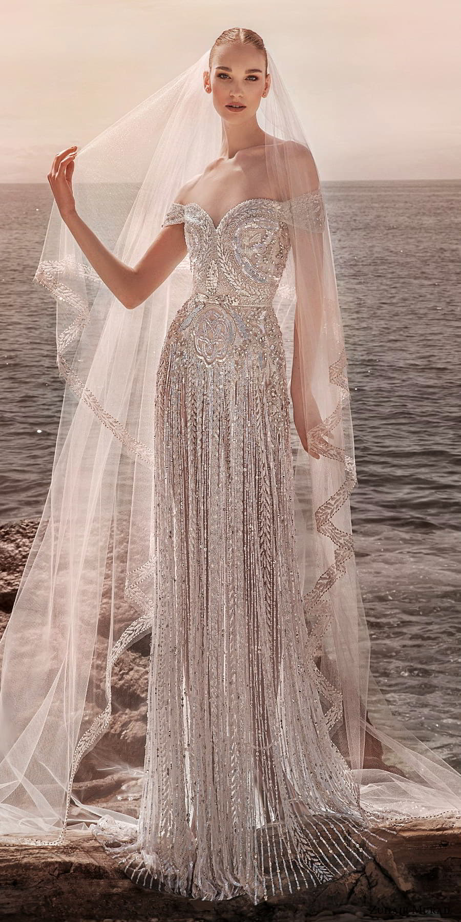 zuhair murad spring 2025 bridal off shoulder straps sweetheart neckline heavily embellished column wedding dress chapel train (8) mv