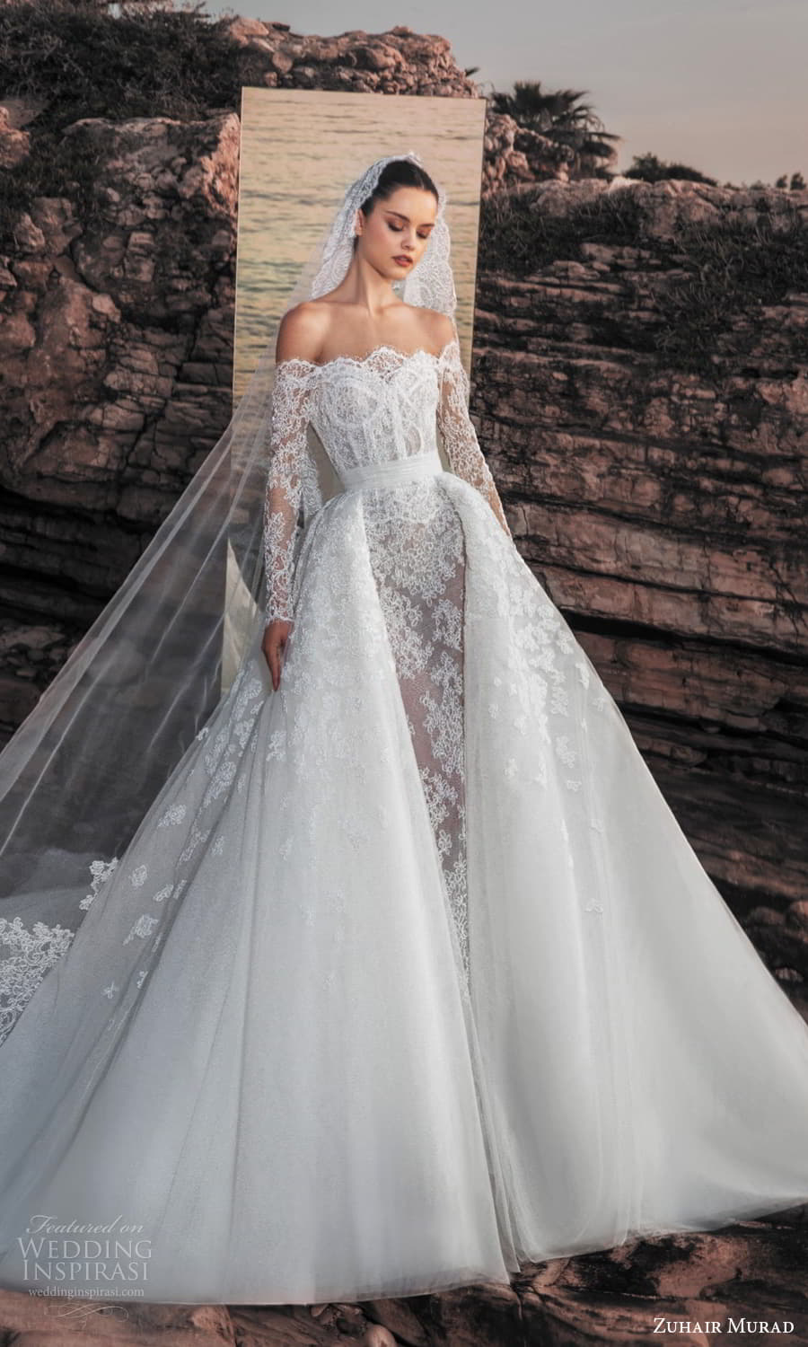 zuhair murad spring 2025 bridal sheer detached long sleeves scalloped neckline embellished lace sheath wedding dress a line overskirt chapel train (3) mv