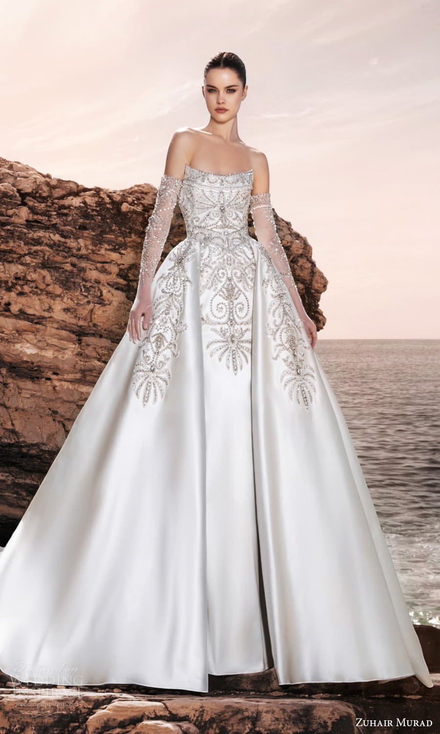 zuhair murad spring 2025 bridal sheer long gloves strapless scoop cat ear neckline heavily embellished bodice clean skirt a line ball gown wedding dress chapel train (2) mv