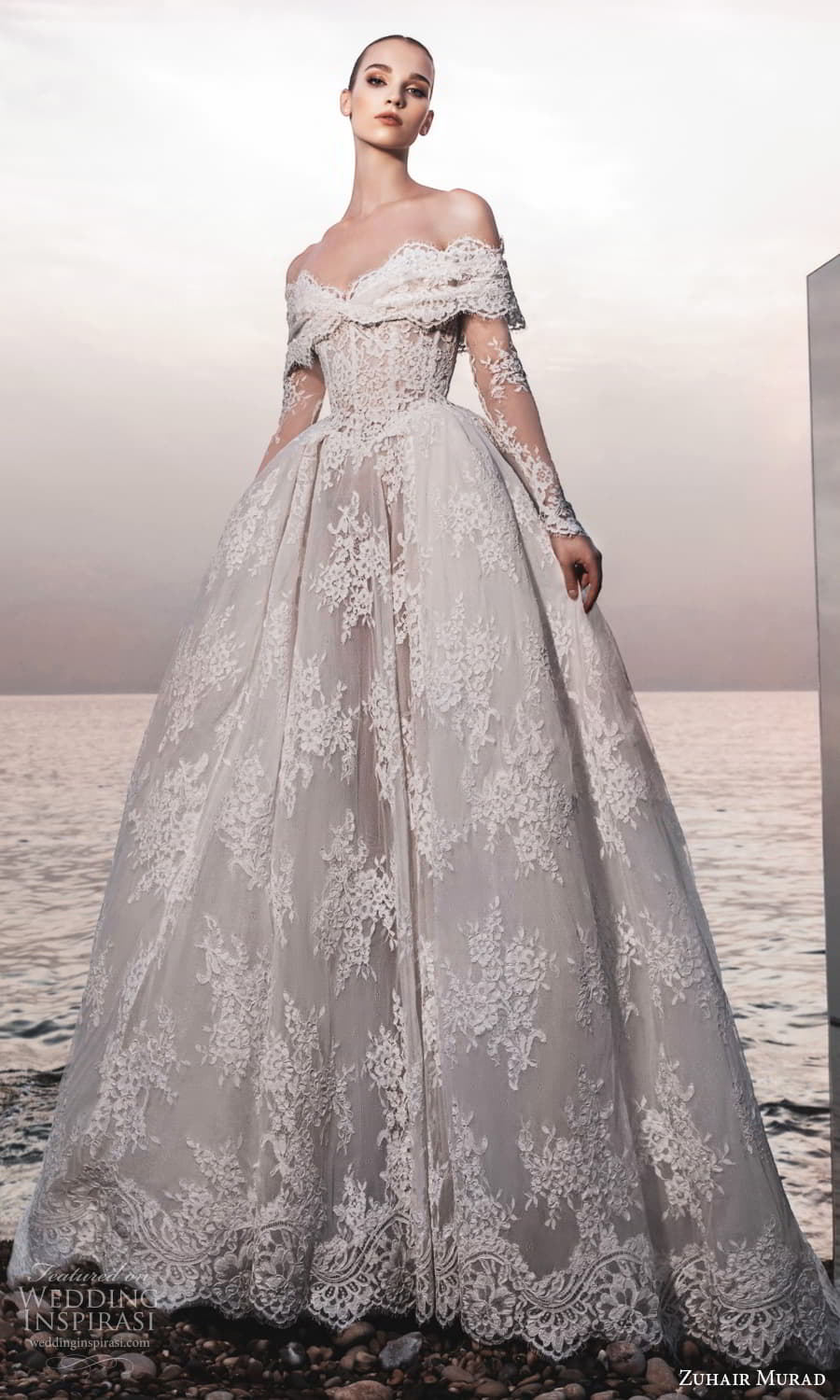 zuhair murad spring 2025 bridal sheer long sleeve off shoulder crumbcather neckline embellished lace basque waist ball gown wedding dress chapel train (12) mv