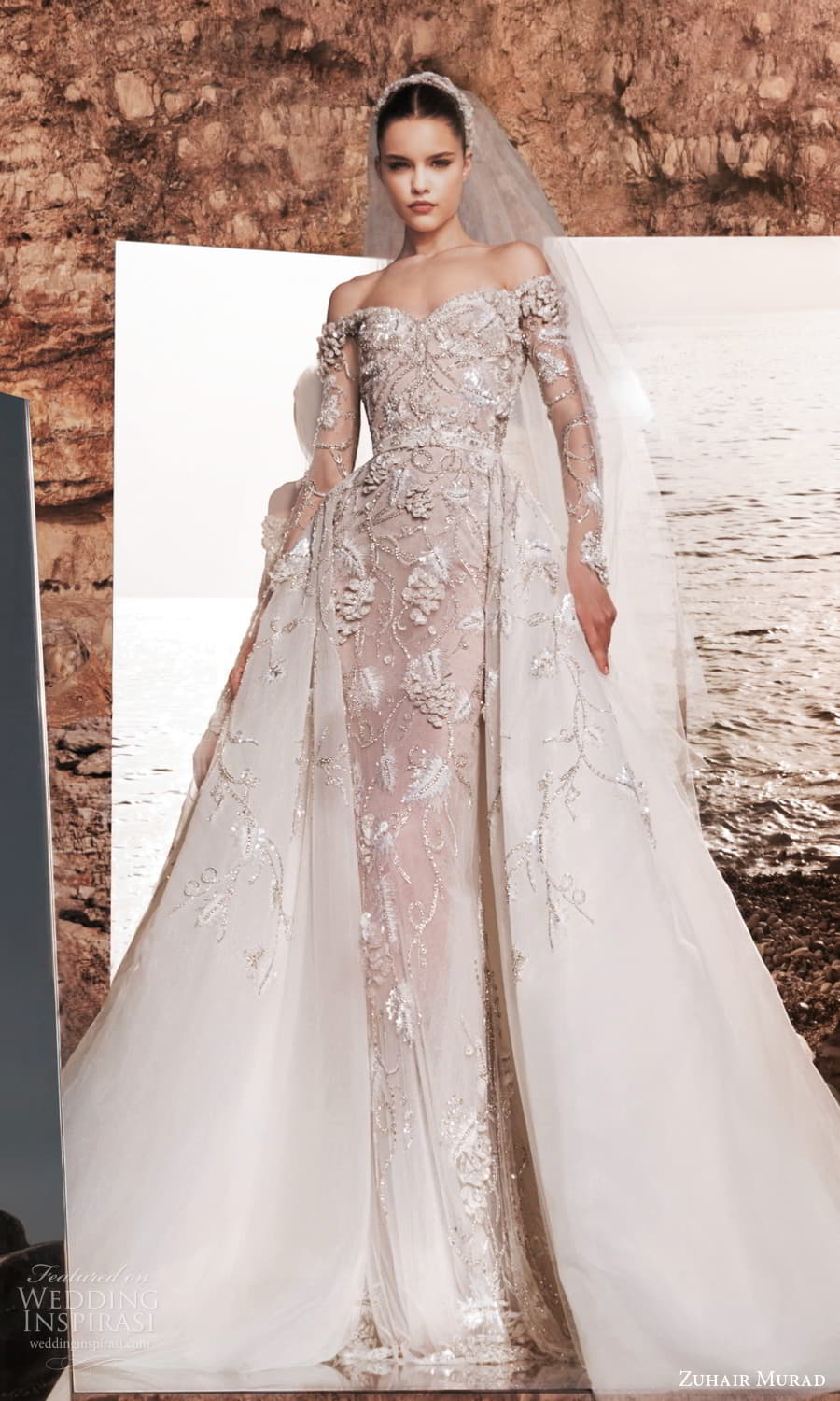 zuhair murad spring 2025 bridal sheer long sleeve sweetheart neckline heavily embellished a line ball gown overskirt sheath wedding dress chapel train (11) mv