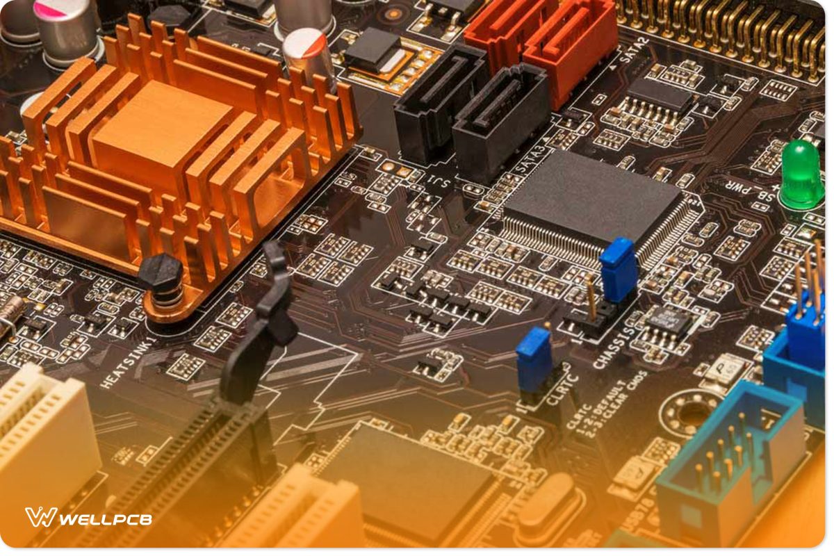 A board with components and a heatsink 