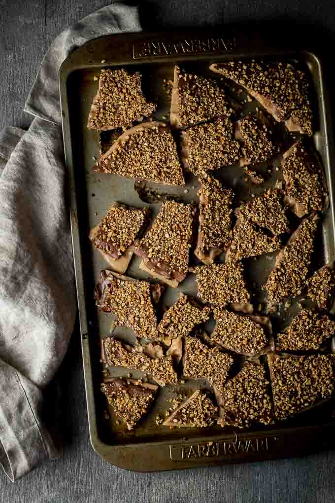 buttercrunch on a baking sheet broke in pieces