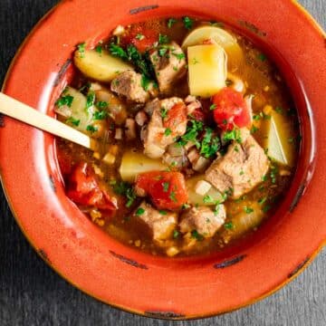 Overhead view of veal stew in a bowl with a spoon inserted into it.