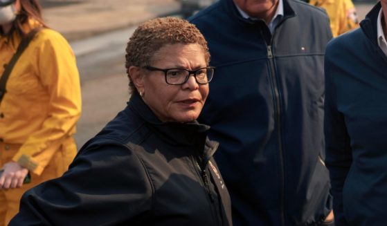 California Governor Gavin Newsom and Los Angeles Mayor Karen Bass tour the downtown business district of Pacific Palisades as the Palisades Fire continues to burn on January 8, 2025 in Los Angeles, California.