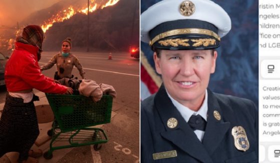 A police officer, left, urges a homeless woman to evacuate from Pacific Coast Highway and Topanga Canyon Blvd as the Pacific Palisades Fire rages in the Los Angeles neighborhood on Tuesday. Los Angeles Fire Department Chief Kristin Crowley, right.