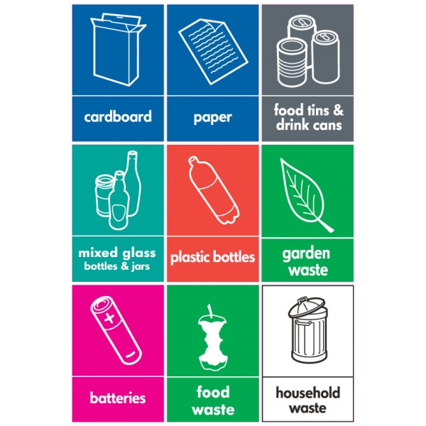 Recycling Stickers - Set of 9 (WRAP Compliant) - Wheelie Rubbish Signs