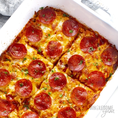 Pizza casserole in baking dish.