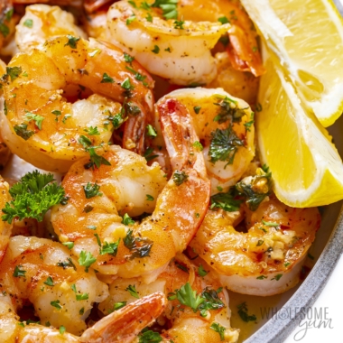 Garlic butter shrimp shown close up.