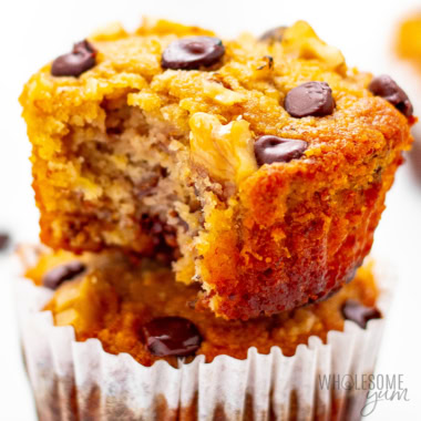 Banana oatmeal muffins stacked on top of each other.