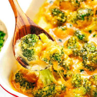 Broccoli cheese casserole up close.