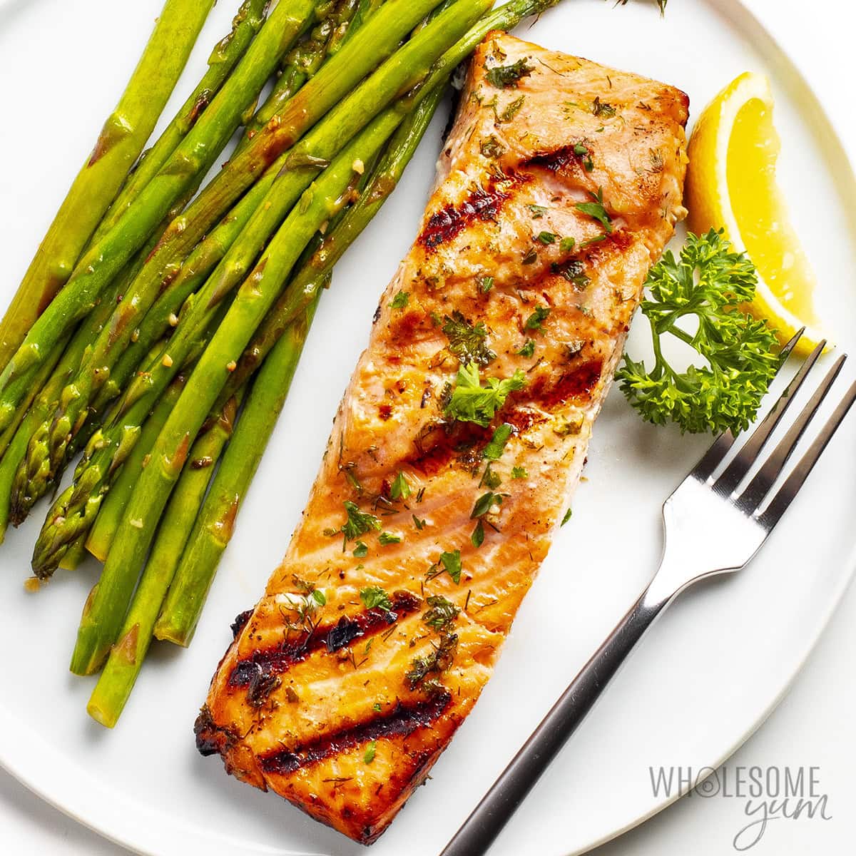 Grilled salmon on a plate.