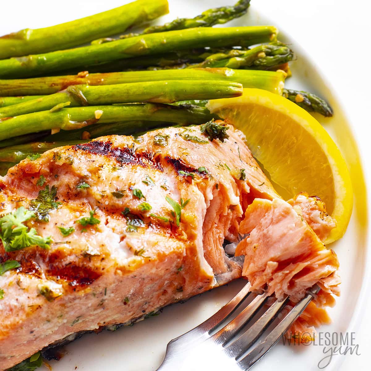 Grilled salmon flaked with a fork, served with grilled asparagus.