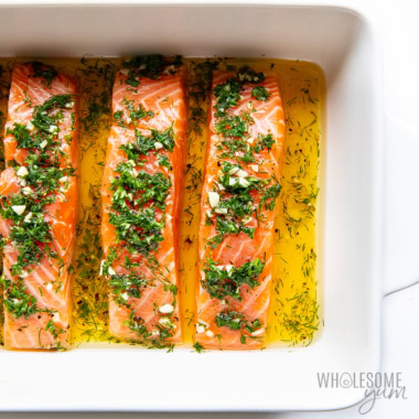 Salmon marinade in a baking dish.