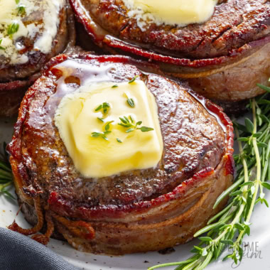 Bacon wrapped filet mignon close up.