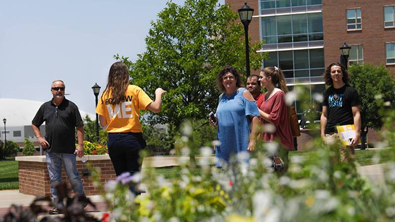 A group of students on a campus tour.