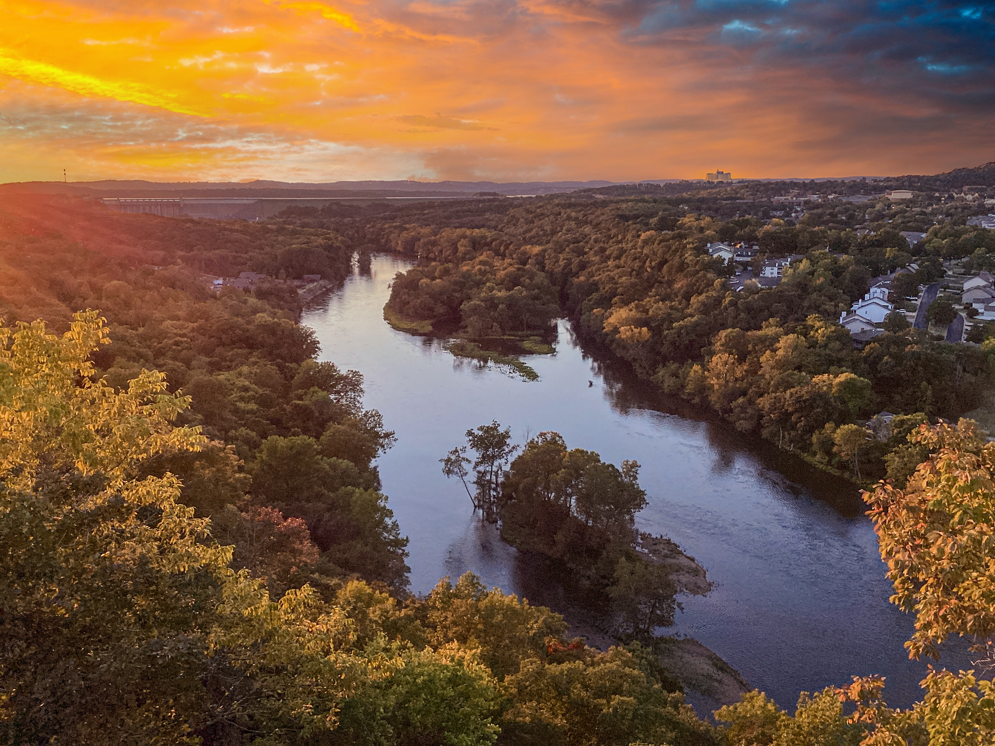 Spectacular Scenic Sunset view of Table Rock Lake, Table Rock Lake Dam and The White River in Branson at Southwest Missouri.